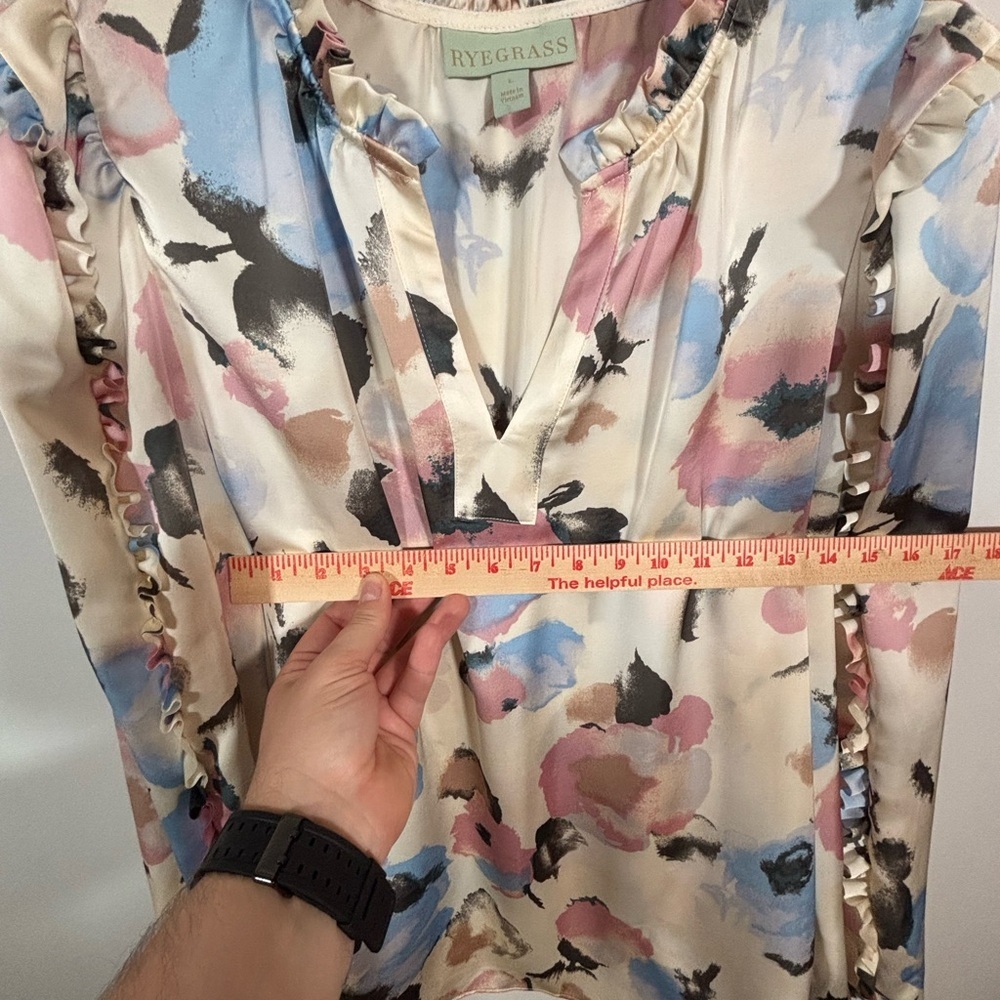 Ryegrass Watercolor Floral Ruffle Long Sleeve Blouse Size L - Picture 7 of 9